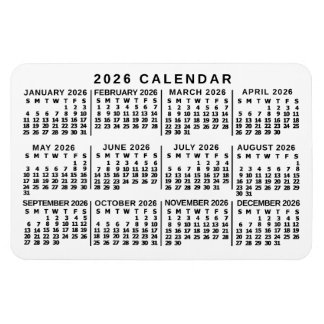 2026 Jaar Maandkalender Klassiek Wit en Zwart Magneet