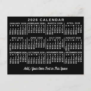 2026 Jaar Maandkalender Klassiek Zwart en Wit Briefkaart