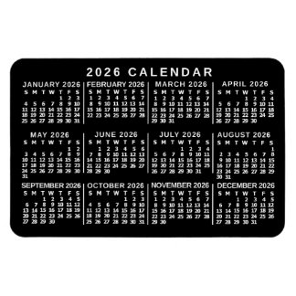 2026 Jaar Maandkalender Klassiek Zwart en Wit Magneet