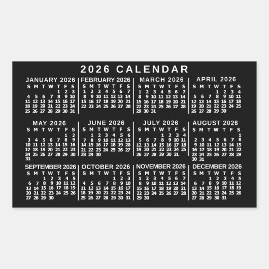 2026 Jaar Maandkalender Klassiek Zwart en Wit Rechthoekige Sticker (Voorkant)