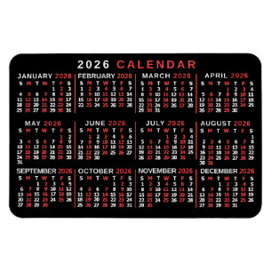 2026 Jaar Maandkalender Klassiek Zwart Rood Wit Magneet