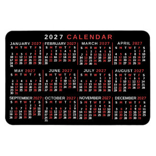 2026 Jaar Maandkalender Klassiek Zwart Rood Wit Magneet