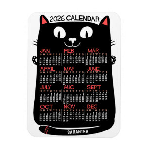 2026 Jaar Maandkalender Mid-Century Zwarte Kat Magneet