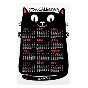 2026 Jaar Maandkalender Mid-Century Zwarte Kat Magneet