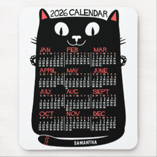 2026 Jaar Maandkalender Mid-Century Zwarte Kat Muismat