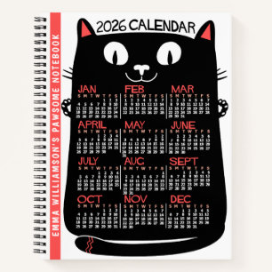 2026 Jaar Maandkalender Mid-Century Zwarte Kat Notitieboek