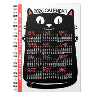 2026 Jaar Maandkalender Mid-Century Zwarte Kat Notitieboek