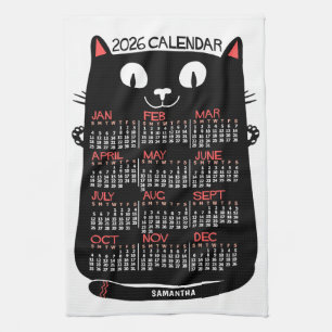 2026 Jaar Maandkalender Mid-Century Zwarte Kat Theedoek