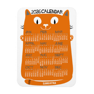 2026 Jaar Maandkalender Midden-Eeuwse Oranje Kat Magneet
