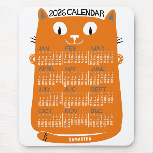 2026 Jaar Maandkalender Midden-Eeuwse Oranje Kat Muismat (Voorkant)