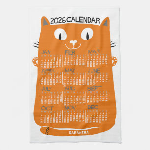 2026 Jaar Maandkalender Midden-Eeuwse Oranje Kat Theedoek