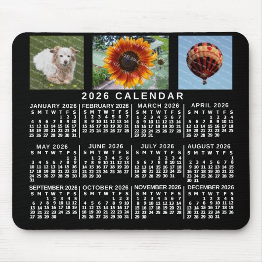 2026 Jaar Maandkalender Zwart Aangepast 3 Foto's Muismat (Voorkant)