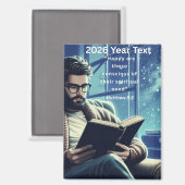 2026 Jaar Tekst Man Lezen Magneet (Voorkant / Achterkant)