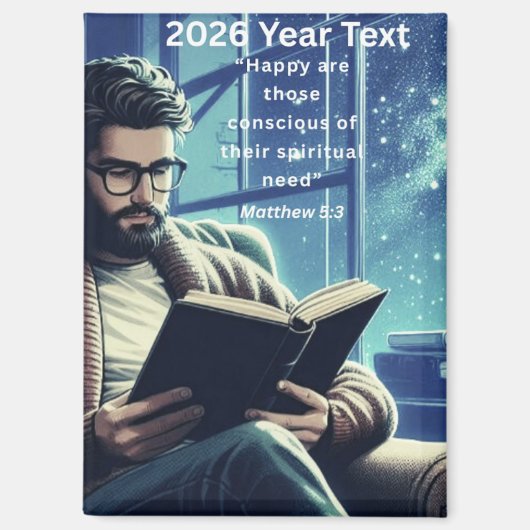2026 Jaar Tekst Man Lezen Magneet (Voorkant)
