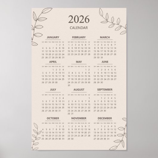 2026 Jaarkalender Bloem Lijn Kunst Minimalistisch Poster (Voorkant)