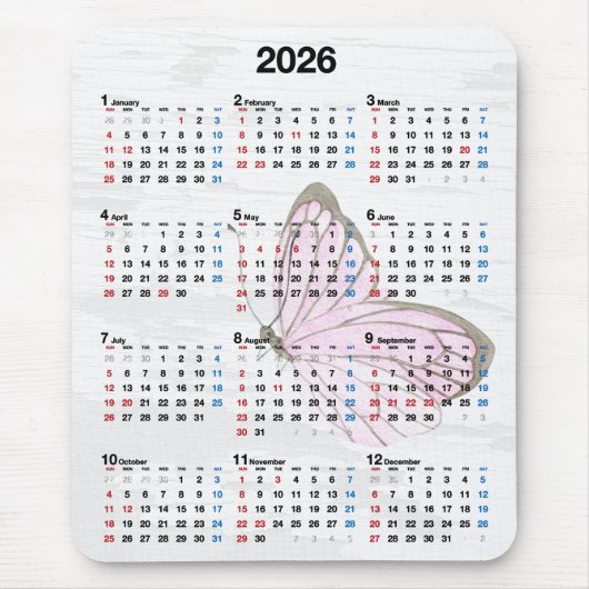 2026 Jaarkalender en Roze Vlinder Muismat (Voorkant)