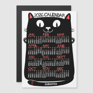 2026 Jaarkalender Mid-Century Zwarte Kat Maandelij Magnetische Uitnodiging