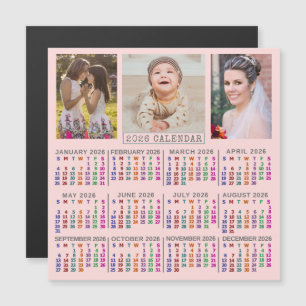 2026 Jaarkalender Mooie Roze Familie Fotocollage Magnetische Uitnodiging