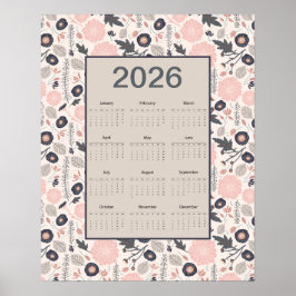 2026 Jaarkalender Roze Grijs Botanisch Poster