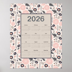 2026 Jaarkalender Roze Grijs Botanisch Poster