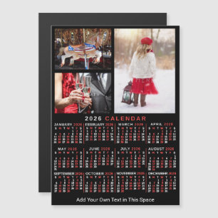 2026 Jaarkalender Zwart Rood Gepersonaliseerde Fot Magnetische Uitnodiging