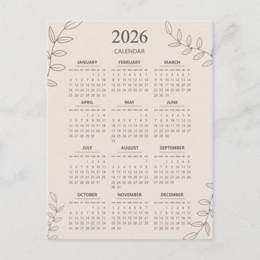 2026 Jaarlijkse Kalender Bloemenlijn Art Minimalis Briefkaart (Voorkant)