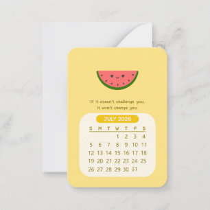 2026 Juli Maandelijkse Kawaii Motivatie Kalender Notitiekaartje