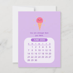 2026 Juni Maandelijkse Kawaii Motiverende Kalender Briefkaart