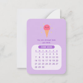 2026 Juni Maandelijkse Kawaii Motiverende Kalender Notitiekaartje