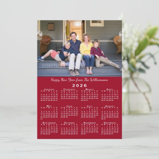 2026 Kalender 2 Aangepaste Foto's Rood Gelukkig Ni Feestdagenkaart (Staand voorkant)