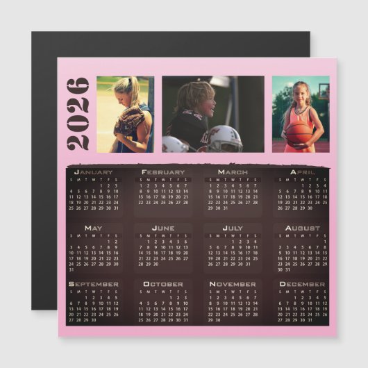 2026 Kalender 3 Foto Collage Magneet Kaart (Voorkant / Achterkant)