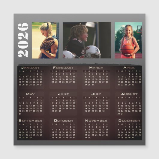 2026 Kalender 3 Foto Collage Magneet Kaart (Voorkant)