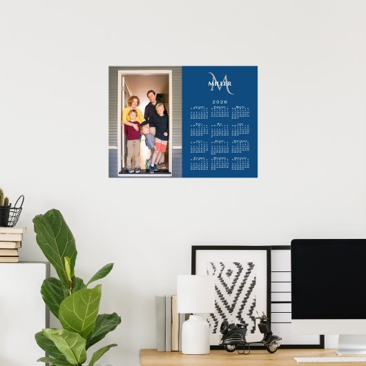 2026 Kalender Aangepaste Foto Monogram Naam Blauw Poster (Thuiskantoor)