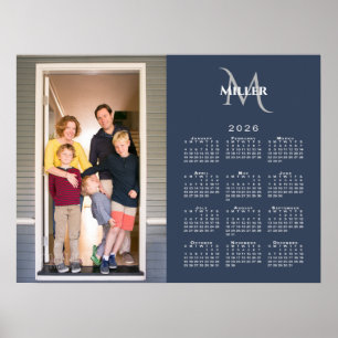 2026 Kalender Aangepaste Foto Monogram Naam Navy B Poster