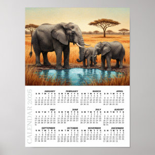 2026 Kalender, Afrikaanse Olifanten, Safari, Afrik Poster