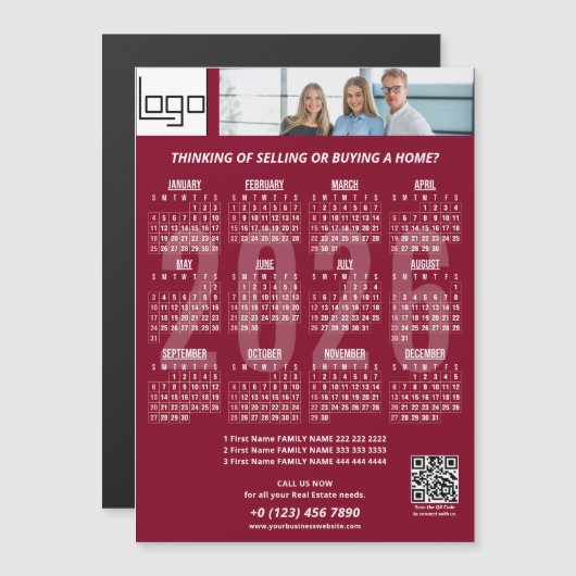 2026 Kalender Bedrijf Logo QR Code Bourgondië Foto (Voorkant / Achterkant)
