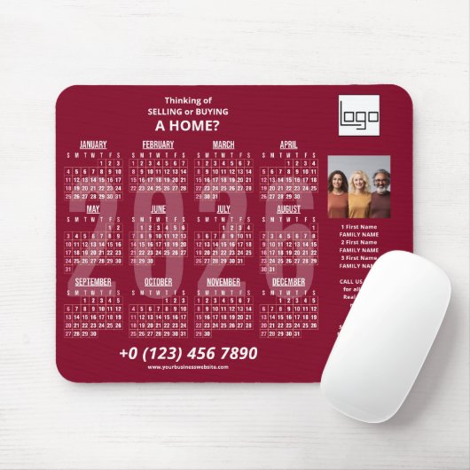 2026 Kalender Bedrijf Logo QR Code Bourgondië Foto Muismat (Met muis)