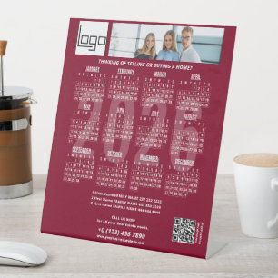 2026 Kalender Bedrijf Logo QR Code Bourgondië Foto Reclamebord Met Voetstuk