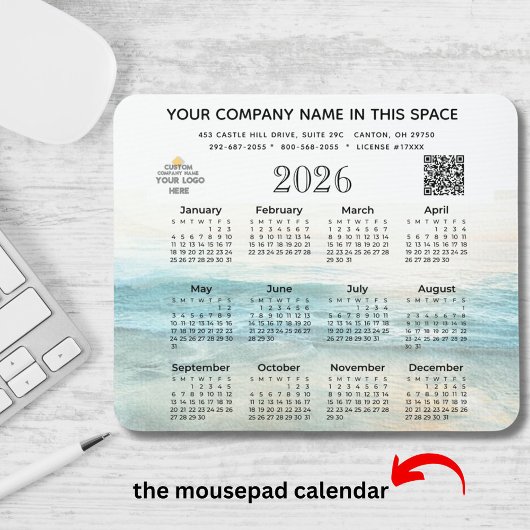 2026 Kalender Bedrijfsnaam Logo QR Code Muismat