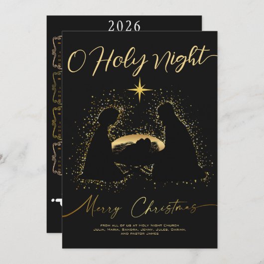2026 Kalender Black Nativity Manger O Holy Script Feestdagenkaart (Voorkant / Achterkant)