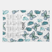 2026 Kalender Blauw Groene Vlinders Patroon Theedoek (Horizontaal)