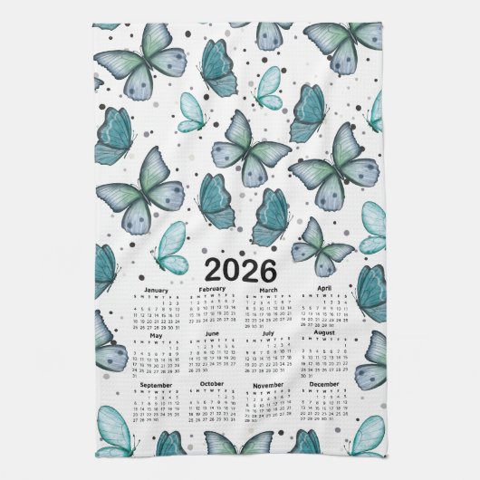2026 Kalender Blauw Groene Vlinders Patroon Theedoek (Verticaal)