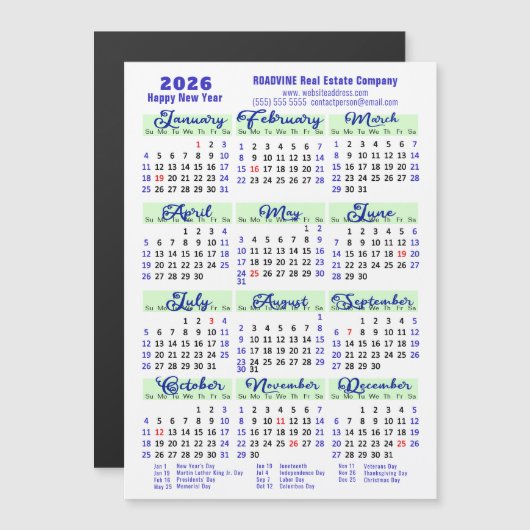 2026 Kalender Blauw Script Eenvoudig Zakelijk Magn (Voorkant / Achterkant)