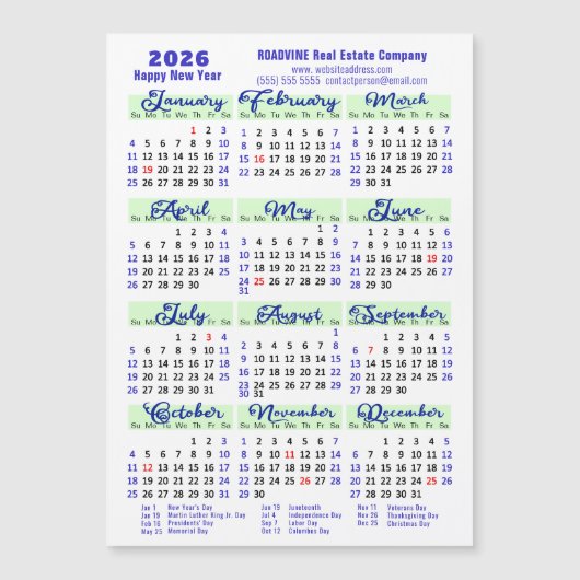 2026 Kalender Blauw Script Eenvoudig Zakelijk Magn (Voorkant)