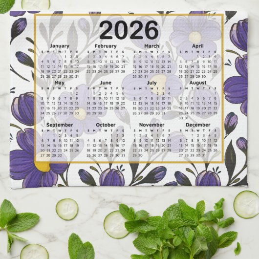 2026 Kalender Blauw Violette Bloemen met Bladeren Theedoek (Gevouwen)
