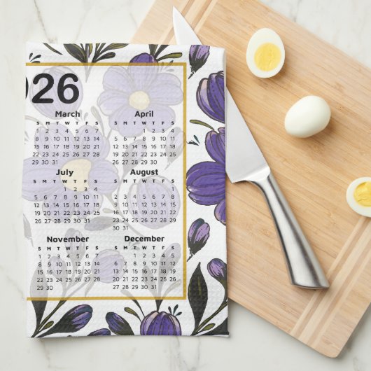 2026 Kalender Blauw Violette Bloemen met Bladeren Theedoek (Quarter Fold)