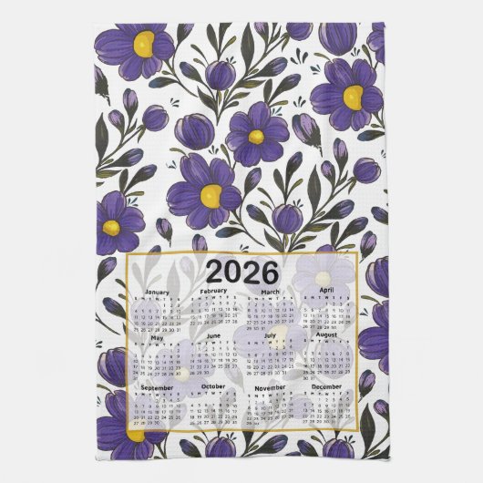 2026 Kalender Blauw Violette Bloemen met Bladeren Theedoek (Verticaal)
