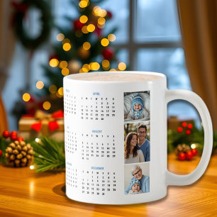 2026 kalender blauwe fotocollage drie foto's koffiemok