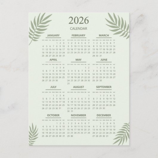2026 Kalender Boho Floral Aesthetic Sage Green Briefkaart (Voorkant)