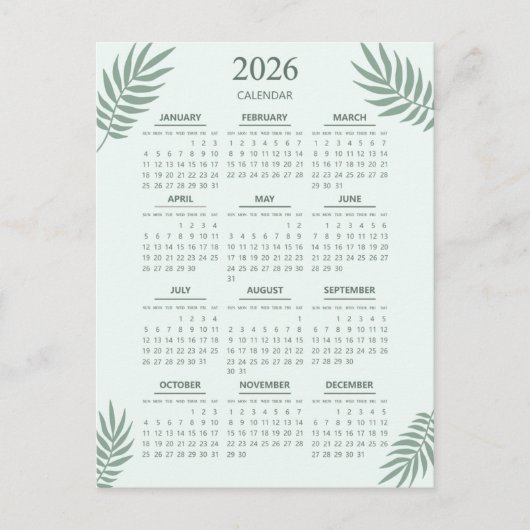 2026 Kalender Boho Floral Esthetische Munt Groen Briefkaart (Voorkant)
